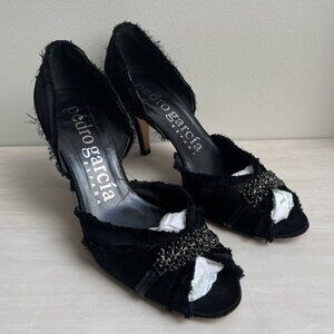 Pedro Garcia Black Satin Raw Edge Open Toe Pumps Chain Swarovski Crystals